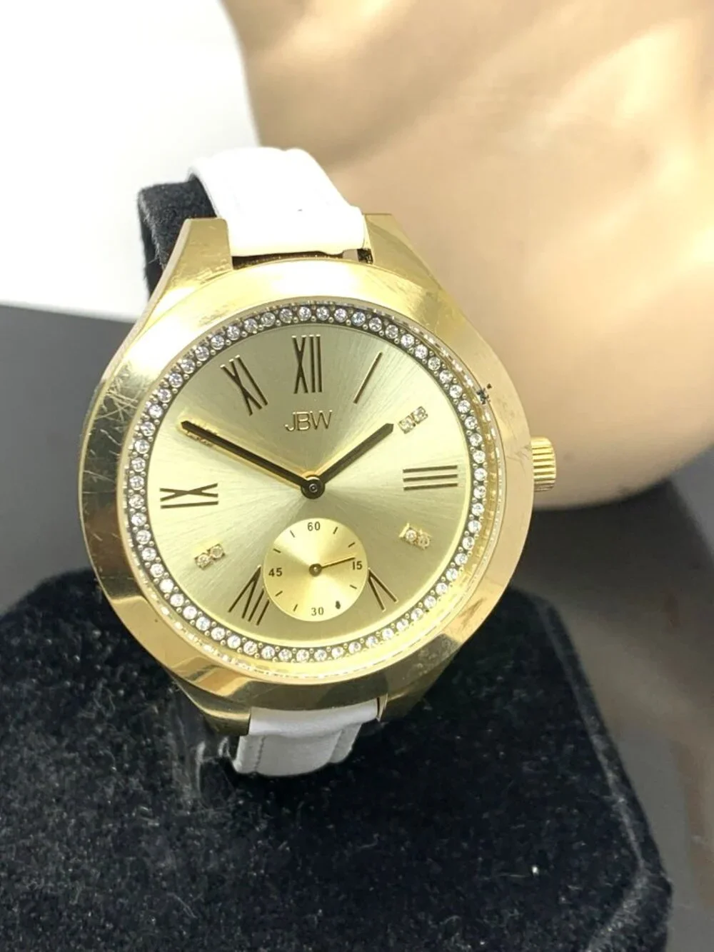 JBW Women's Watch J6309 Aria Quartz Gold Dial White Leather Strap 40mm